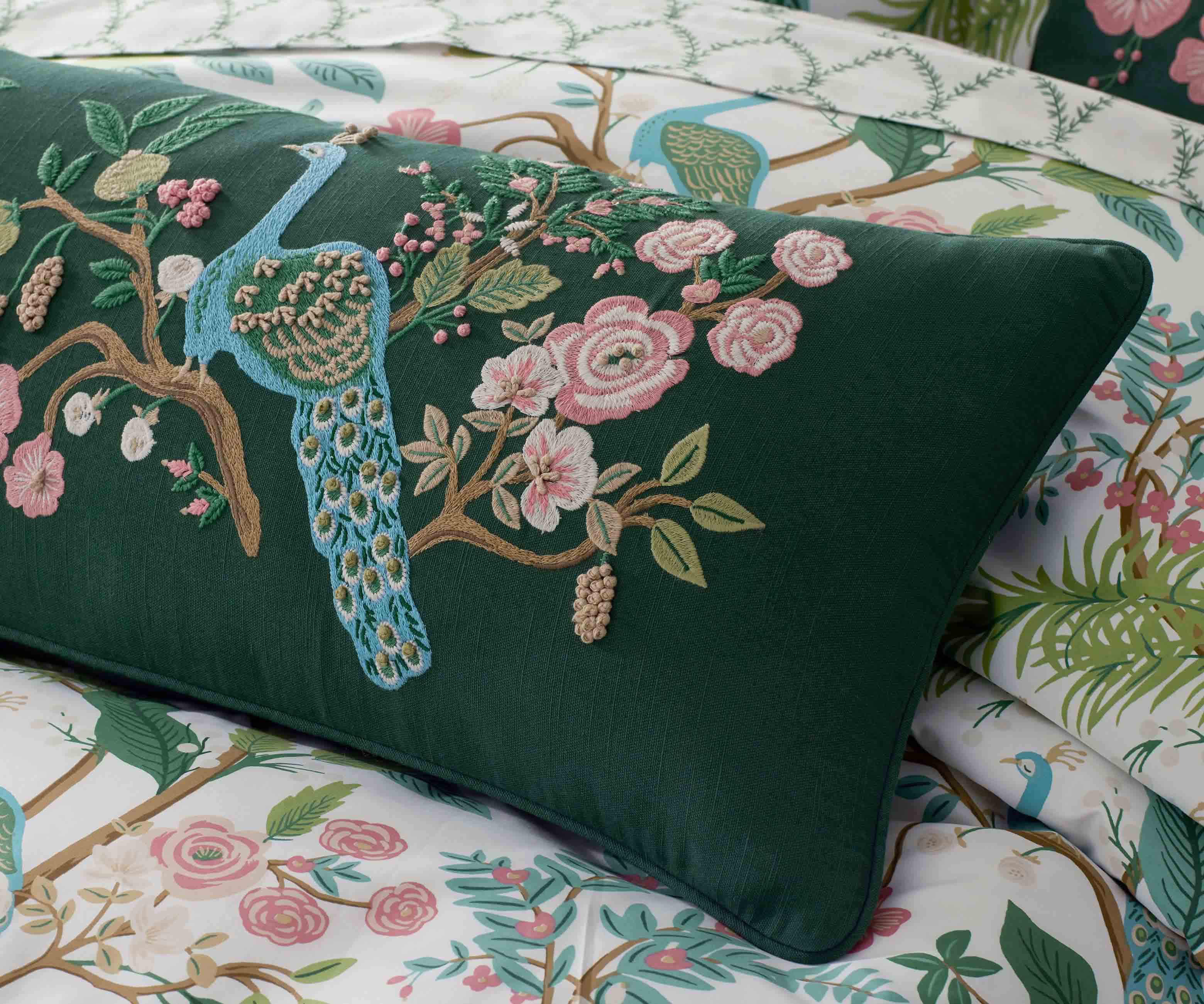 Embroidered Lumbar Pillow Cover - Peacock Emerald